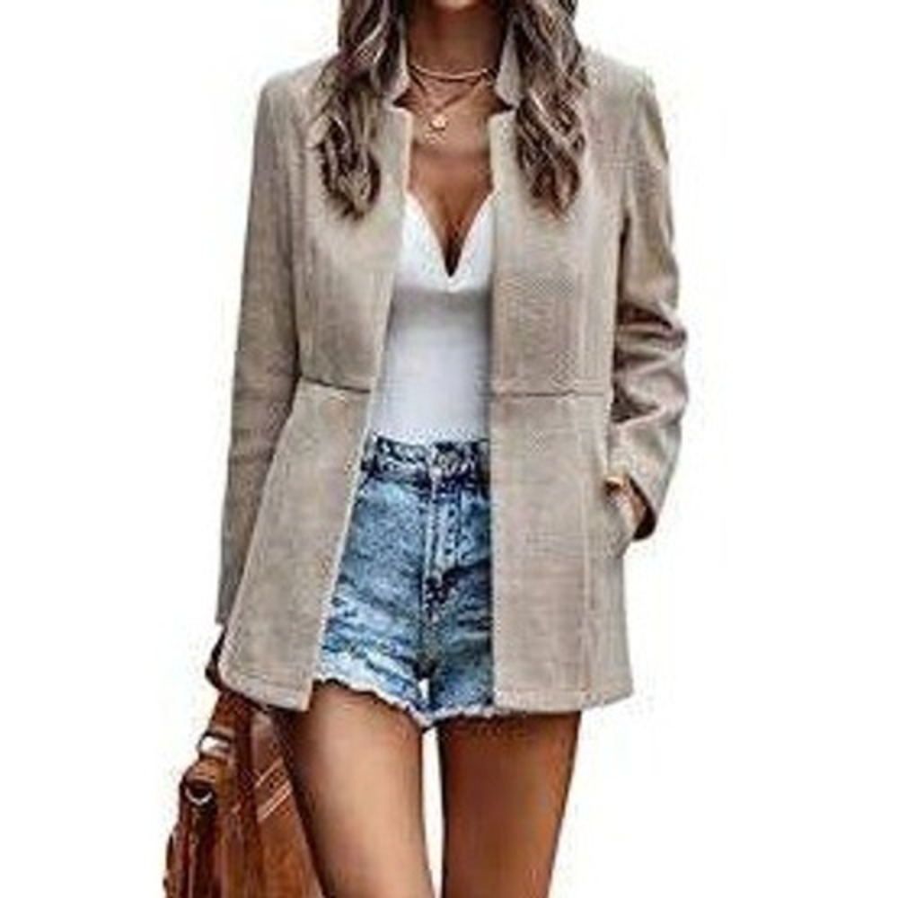 Chouyatou Womens Herringbone Blazer Coat Tan Open Front Mock Neck Jacket Large